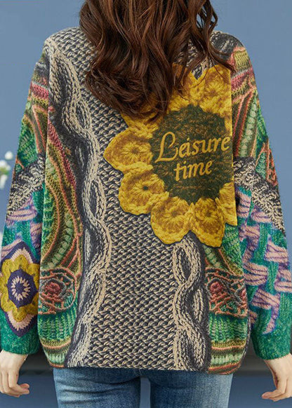 Vintage Grün Oversized Print Dickes Wollstrick Top Winter