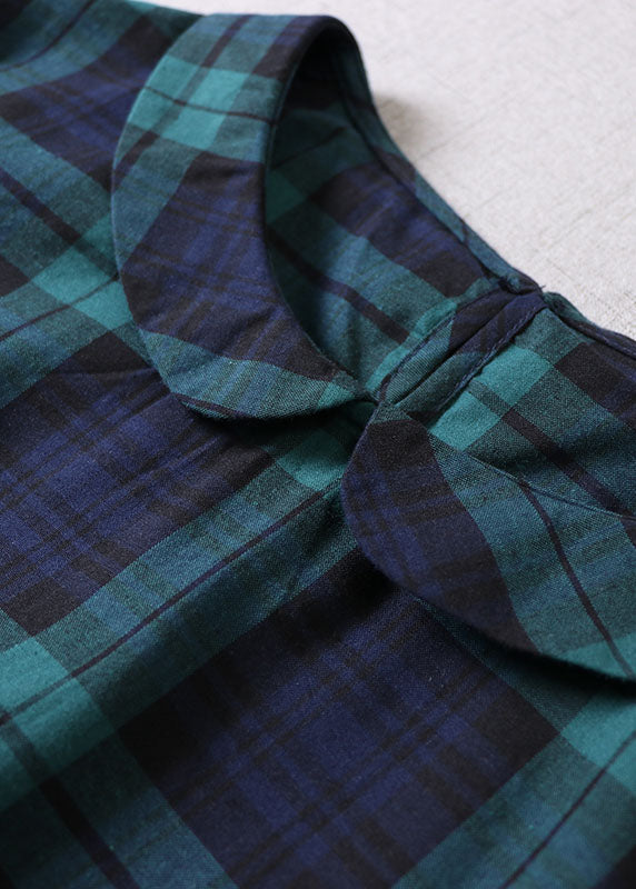 Vintage Grün Peter Pan Kragen Kariertes Baumwollkleid Frühling