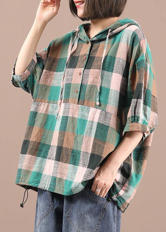 Vintage Green Plaid Patchwork Hooded Summer Shirt Half Sleeve - SooLinen