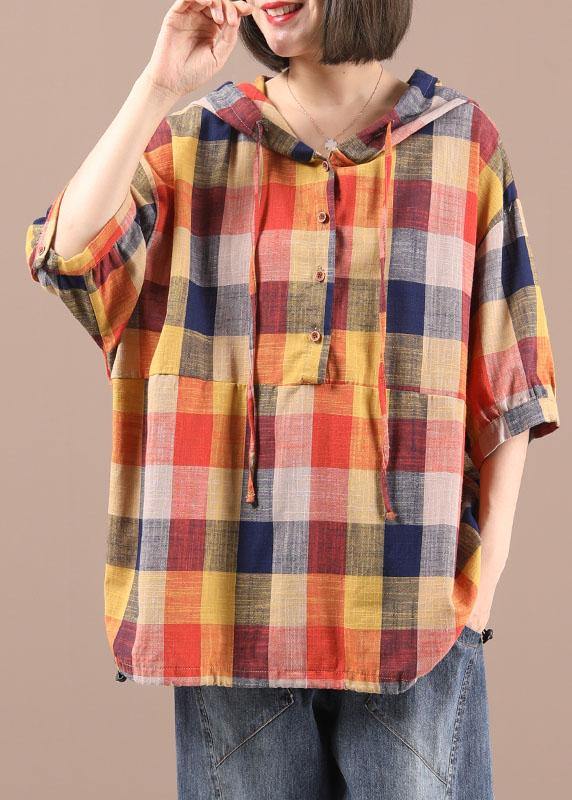 Vintage Green Plaid Patchwork Hooded Summer Shirt Half Sleeve - SooLinen
