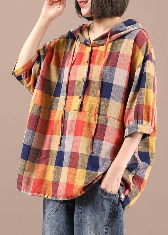 Vintage Green Plaid Patchwork Hooded Summer Shirt Half Sleeve - SooLinen