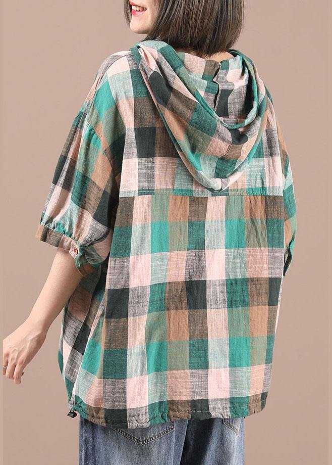 Vintage Green Plaid Patchwork Hooded Summer Shirt Half Sleeve - SooLinen
