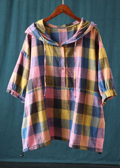 Vintage Green Plaid Patchwork Hooded Summer Shirt Half Sleeve - SooLinen