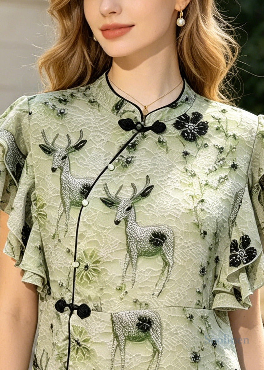 Vintage Green Print Chinese Button Silk Shirt Butterfly Sleeve