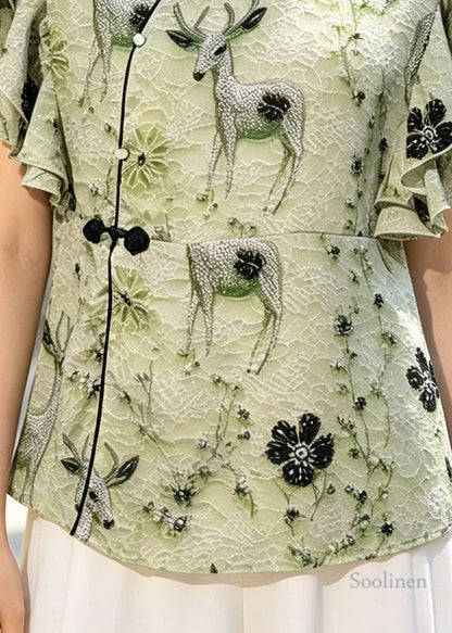 Vintage Green Print Chinese Button Silk Shirt Butterfly Sleeve