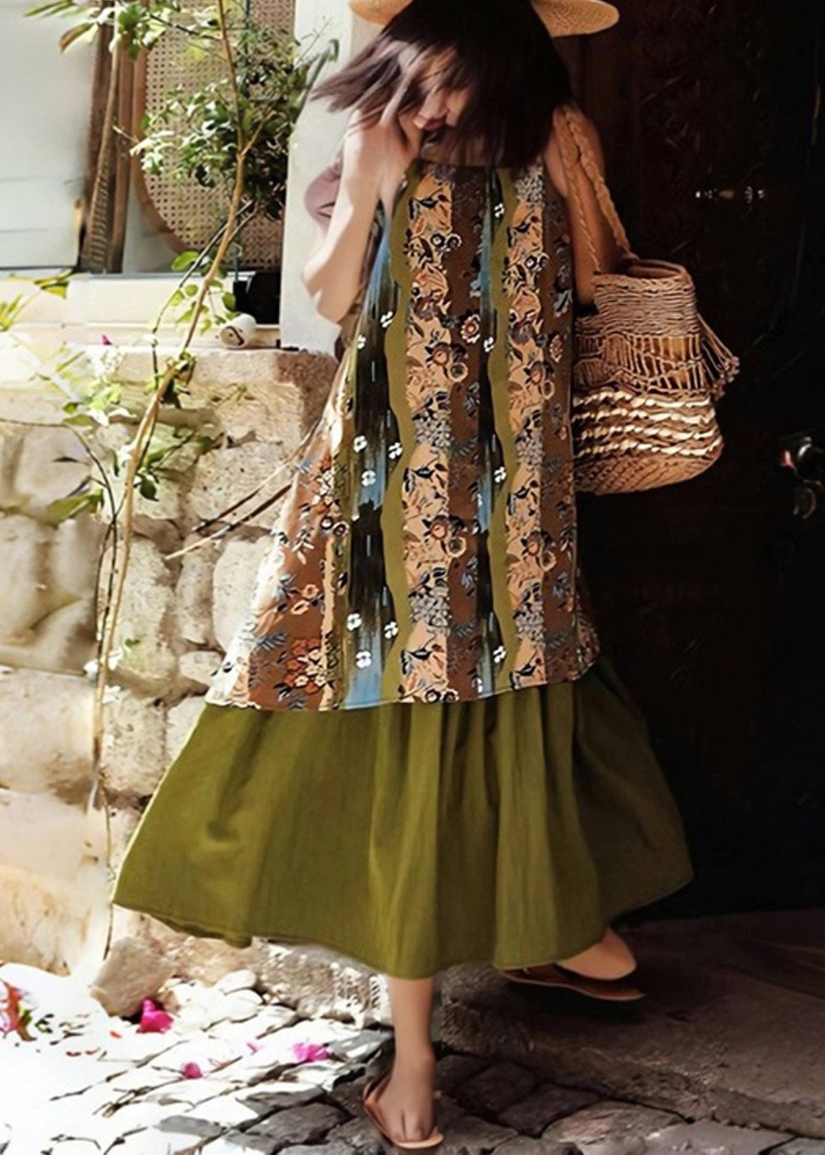 Vintage Green Print Holiday Long Spaghetti Strap Dress Sleeveless
