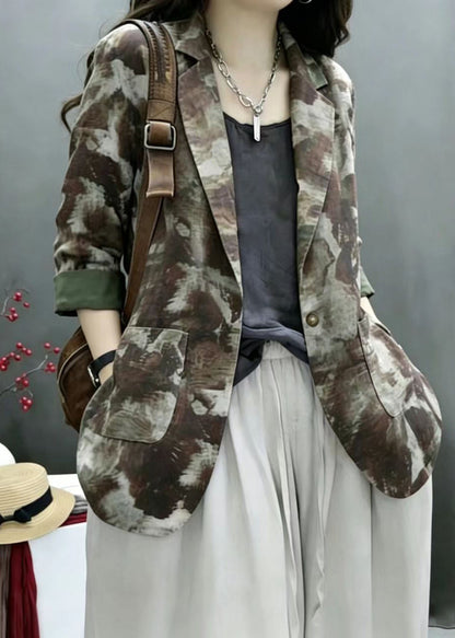 Vintage Green Print Notched Pockets Thin Jacket Fall