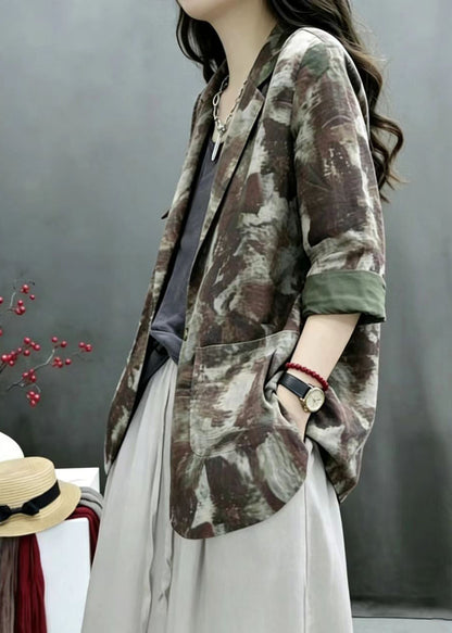 Vintage Green Print Notched Pockets Thin Jacket Fall