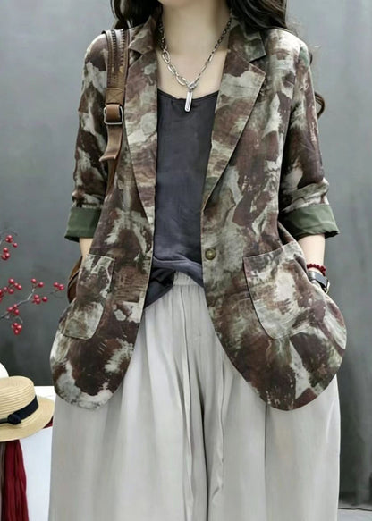 Vintage Green Print Notched Pockets Thin Jacket Fall