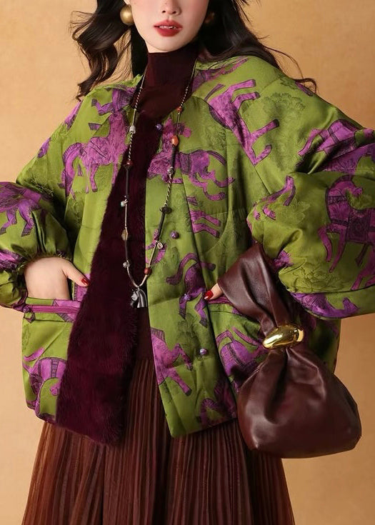 Vintage Green Print Patchwork Mink Velvet Duck Down Puffers Jackets Winter