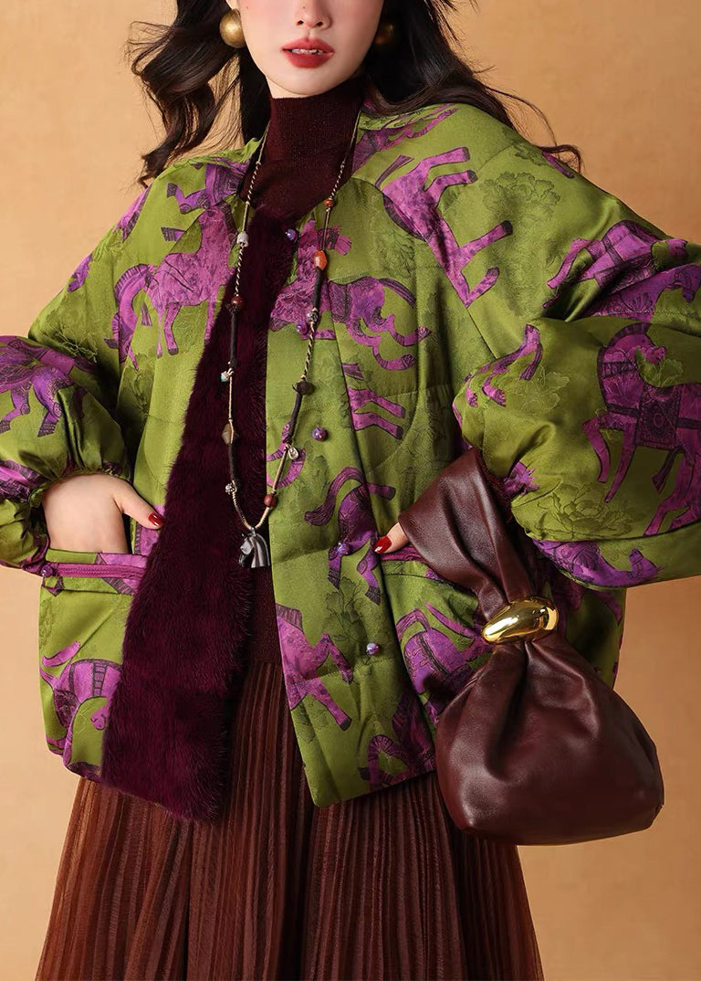 Vintage Green Print Patchwork Mink Velvet Duck Down Puffers Jackets Winter