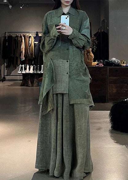 Vintage Green Print Patchwork Shirts And Maxi Skirts Two Pieces Set Fall