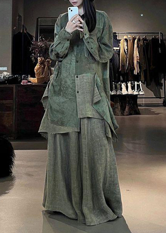 Vintage Green Print Patchwork Shirts And Maxi Skirts Two Pieces Set Fall