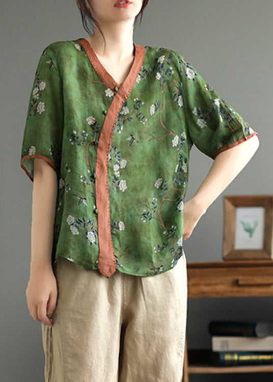 Camiseta vintage de ramio con estampado verde de verano