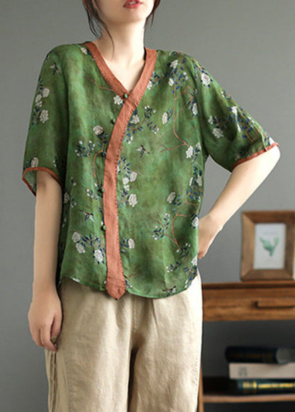 Camiseta vintage de ramio con estampado verde de verano