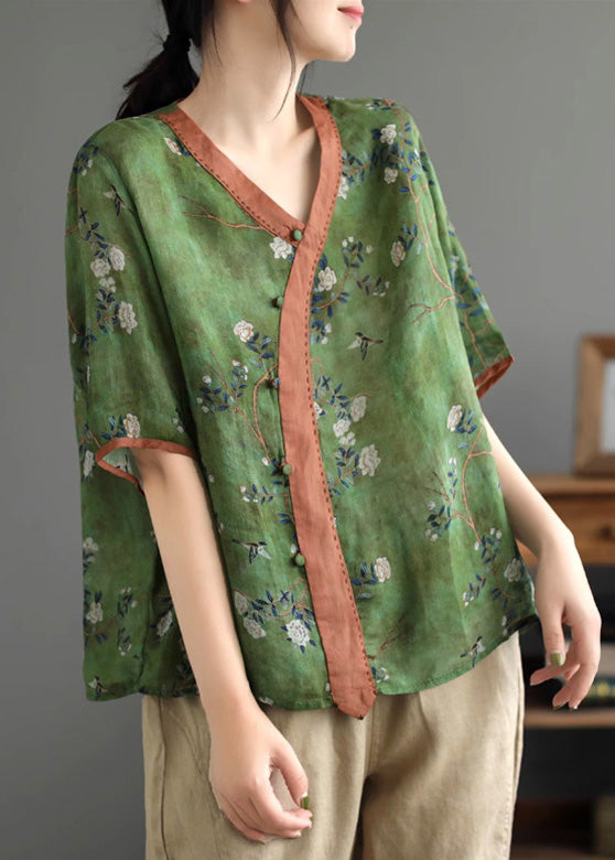 Camiseta vintage de ramio con estampado verde de verano