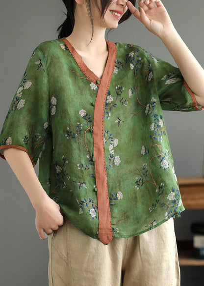 Camiseta vintage de ramio con estampado verde de verano