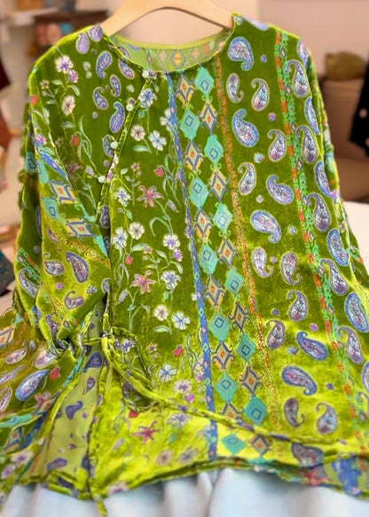 Vintage Green Print Tie Waist Silk Velour Tops Three Quarter Sleeve