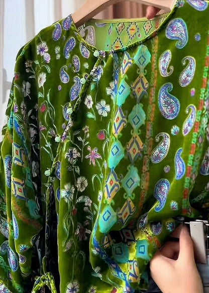 Vintage Green Print Tie Waist Silk Velour Tops Three Quarter Sleeve