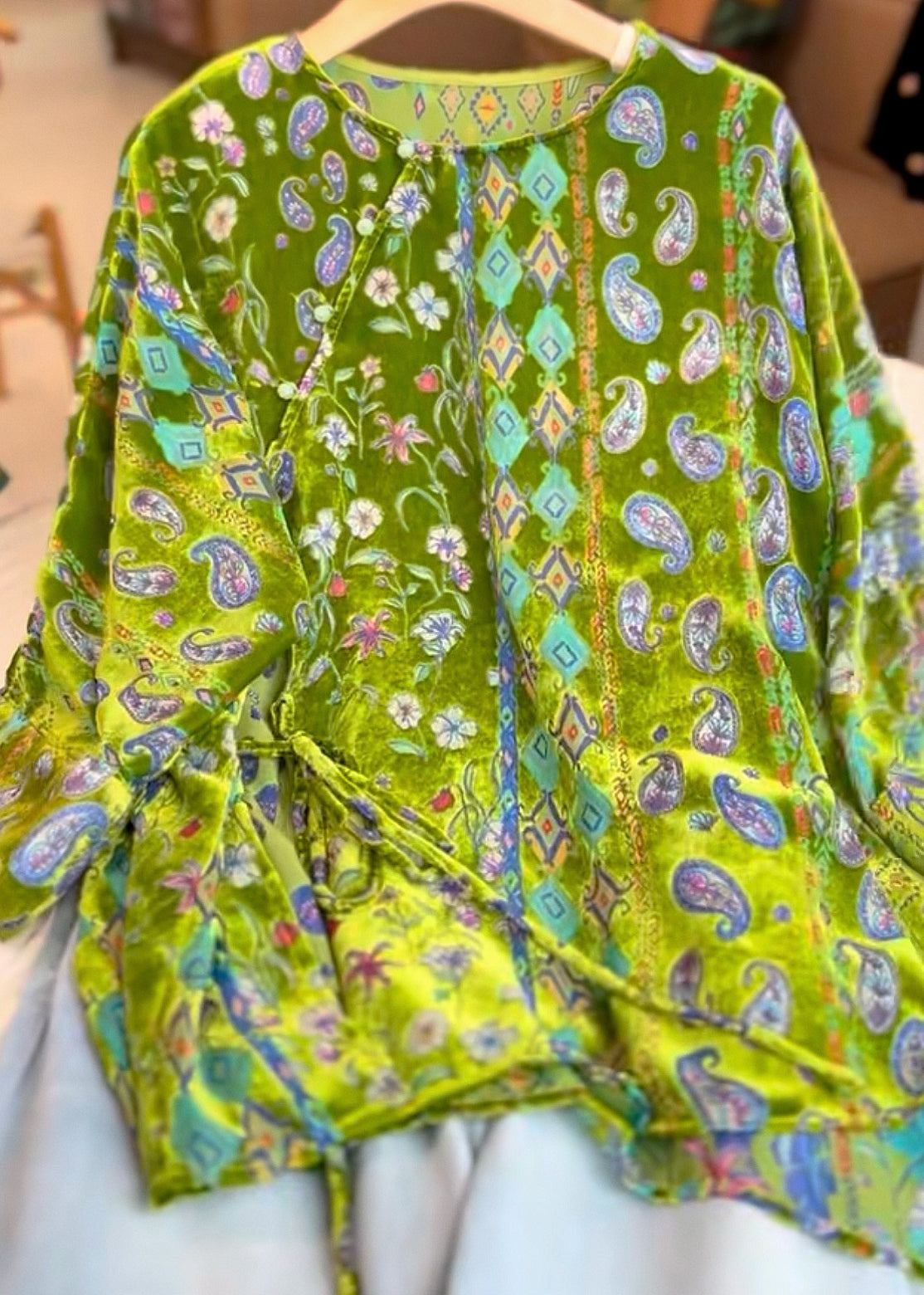 Vintage Green Print Tie Waist Silk Velour Tops Three Quarter Sleeve