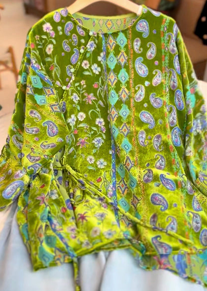 Vintage Green Print Tie Waist Silk Velour Tops Three Quarter Sleeve