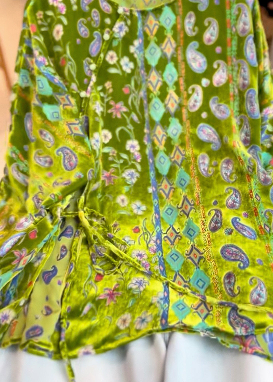 Vintage Green Print Tie Waist Silk Velour Tops Three Quarter Sleeve