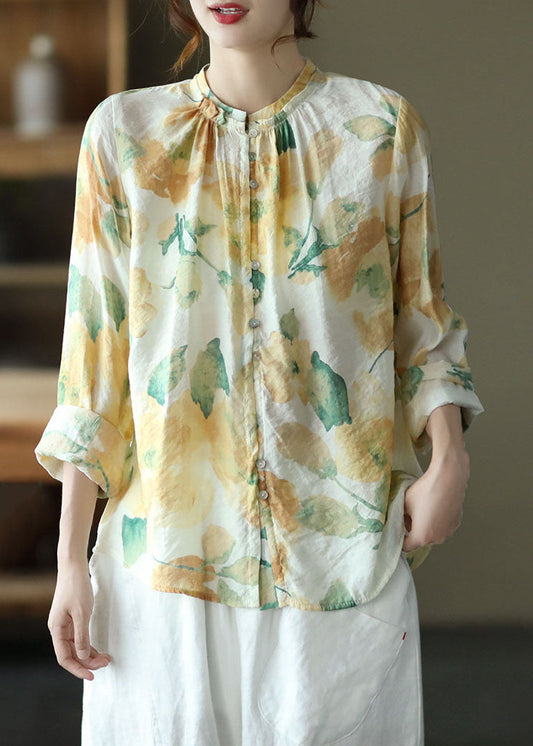 Vintage Grün Print Faltenknopf Patchwork Baumwolle Top Frühling