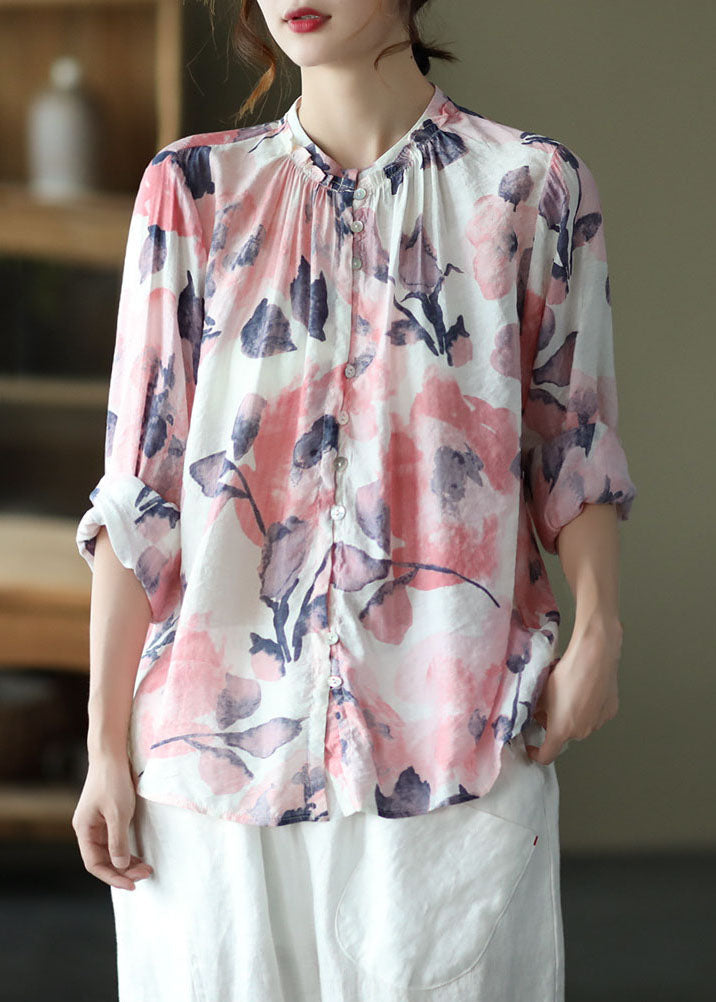 Vintage Grün Print Faltenknopf Patchwork Baumwolle Top Frühling