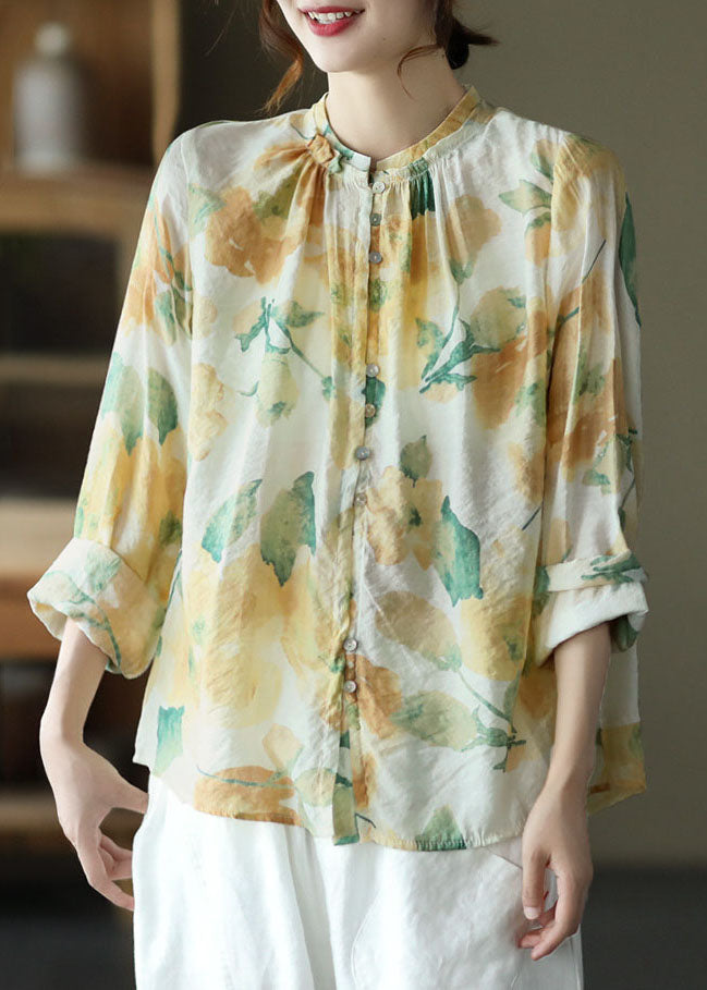 Vintage Grün Print Faltenknopf Patchwork Baumwolle Top Frühling