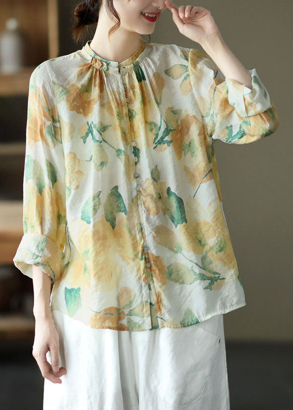 Vintage Grün Print Faltenknopf Patchwork Baumwolle Top Frühling