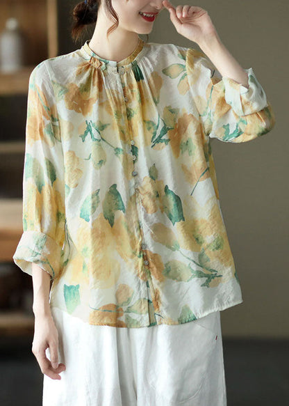 Vintage Grün Print Faltenknopf Patchwork Baumwolle Top Frühling