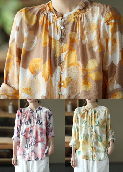 Vintage Grün Print Faltenknopf Patchwork Baumwolle Top Frühling