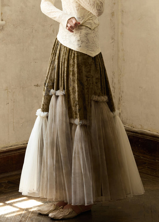 Faldas vintage de terciopelo de seda con volantes y cintura elástica de tul y patchwork para invierno.