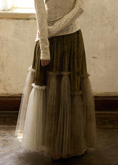 Faldas vintage de terciopelo de seda con volantes y cintura elástica de tul y patchwork para invierno.
