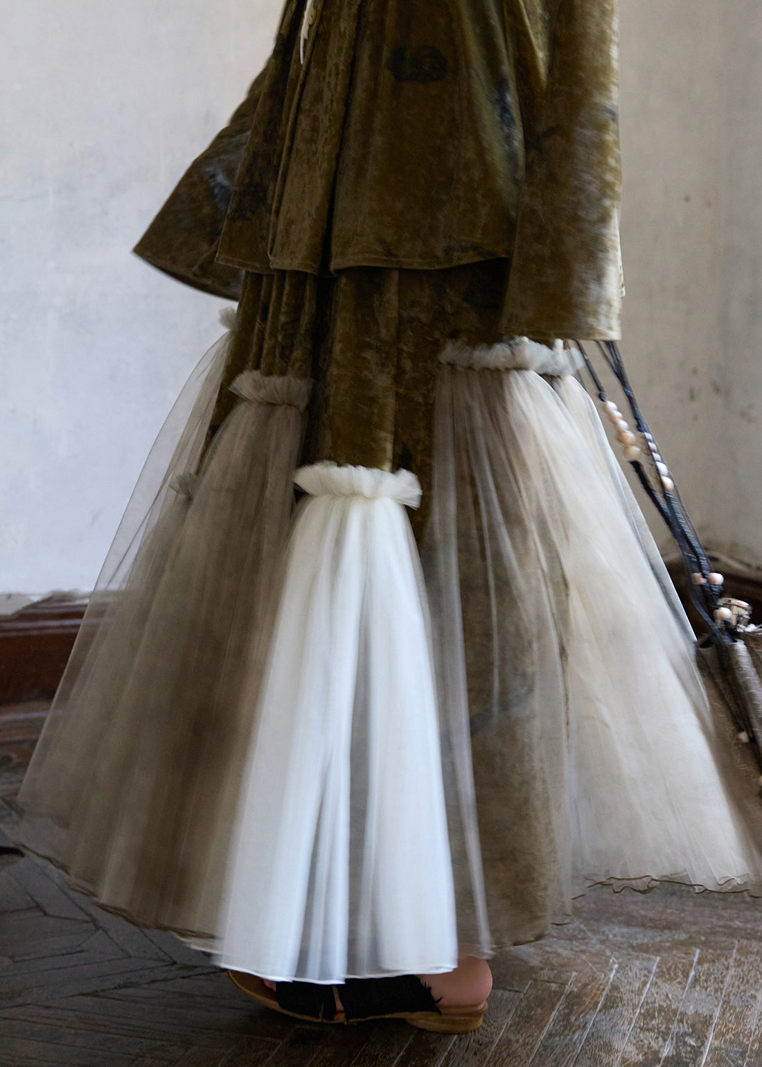 Faldas vintage de terciopelo de seda con volantes y cintura elástica de tul y patchwork para invierno.