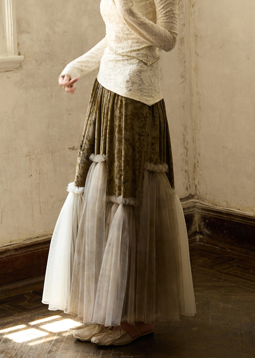 Faldas vintage de terciopelo de seda con volantes y cintura elástica de tul y patchwork para invierno.