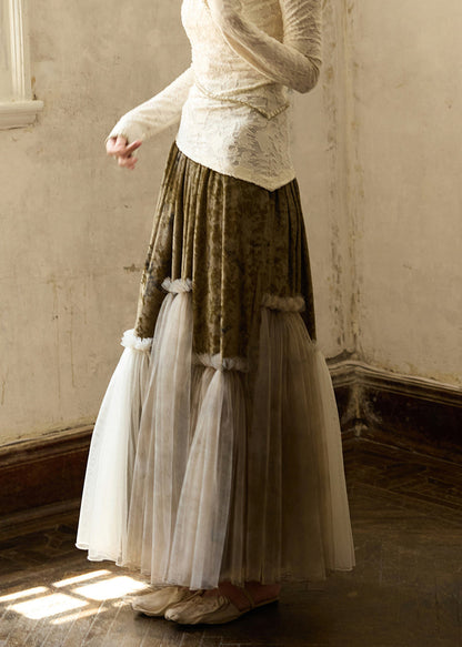 Faldas vintage de terciopelo de seda con volantes y cintura elástica de tul y patchwork para invierno.