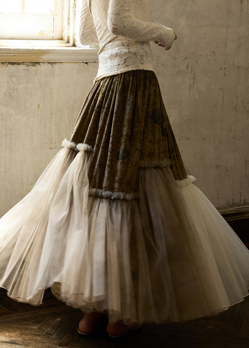 Faldas vintage de terciopelo de seda con volantes y cintura elástica de tul y patchwork para invierno.