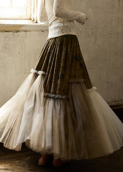 Faldas vintage de terciopelo de seda con volantes y cintura elástica de tul y patchwork para invierno.