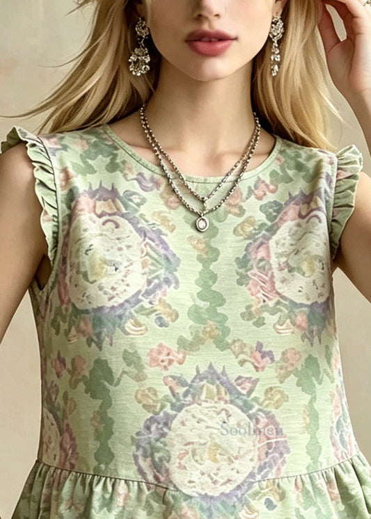 Vintage Green Ruffled Jacquard Silk Blouses Sleeveless