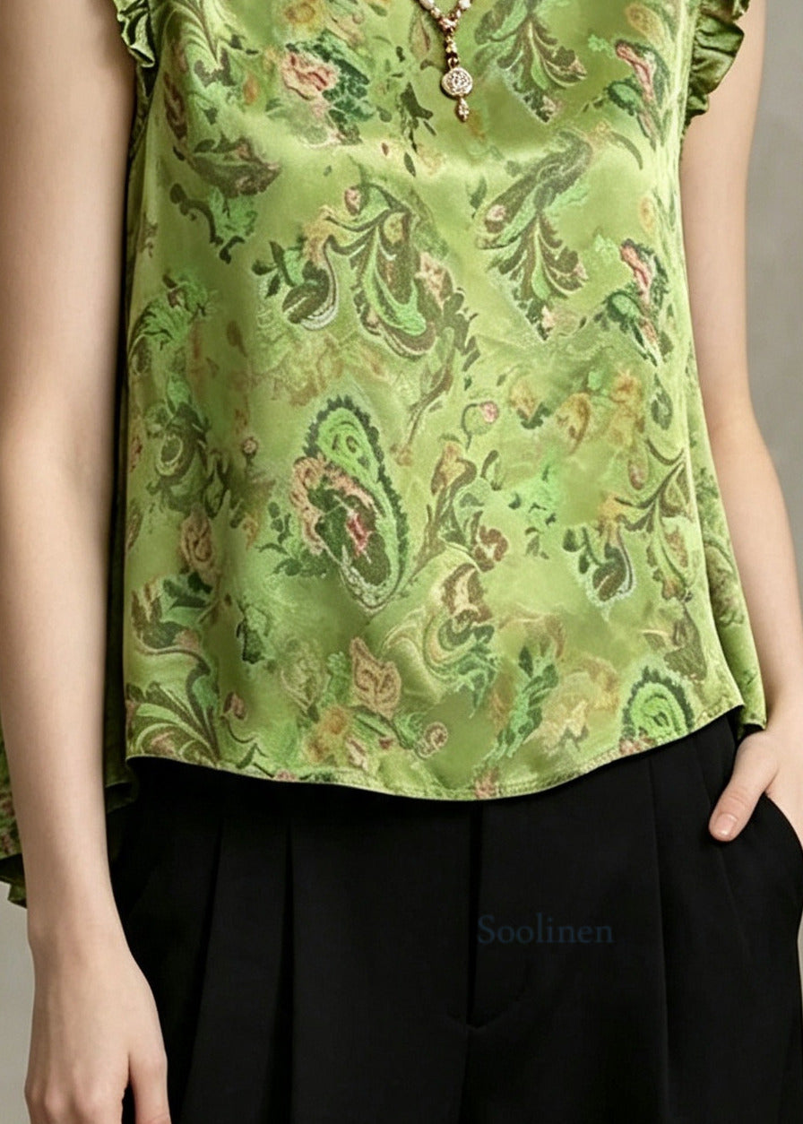Vintage Green Ruffled Print Silk Top Sleeveless