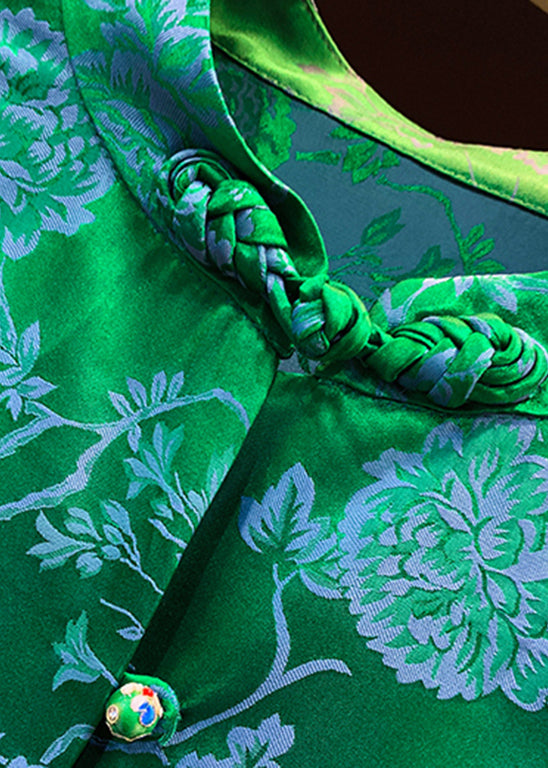 Vintage Green Stand Collar Button Jacquard Silk Shirt lantern sleeve