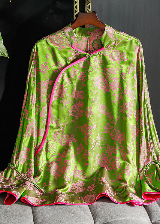 Vintage Green Stand Collar Chinese Button Patchwork Jacquard Silk Shirt Long Sleeve