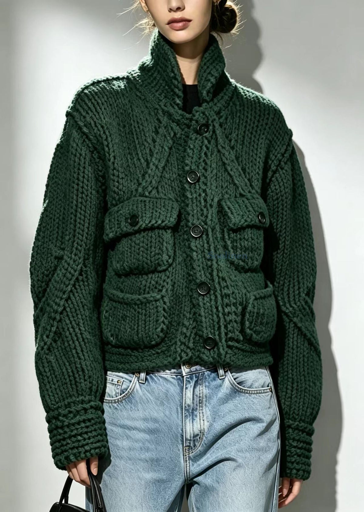Vintage Green Stand Collar Pockets Knit Cardigans Fall