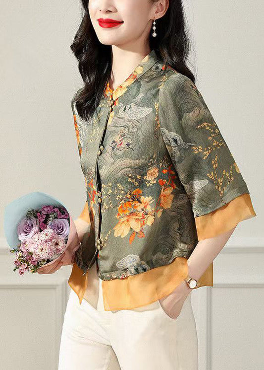 Vintage Green Stand Collar Print Silk Tops Bracelet Sleeve