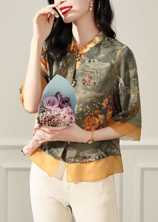 Vintage Green Stand Collar Print Silk Tops Bracelet Sleeve