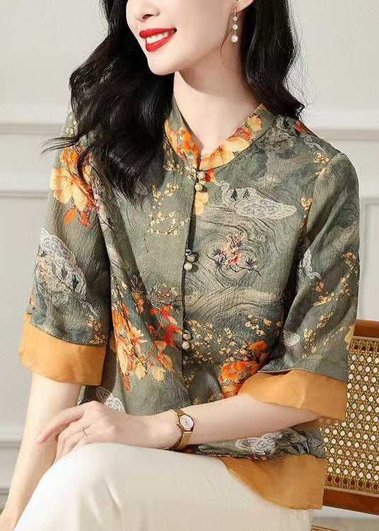 Vintage Green Stand Collar Print Silk Tops Bracelet Sleeve
