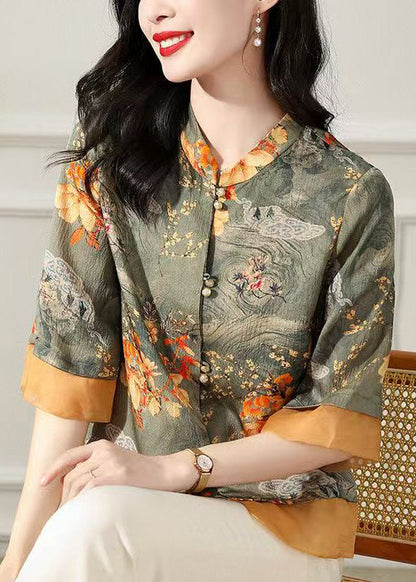 Vintage Green Stand Collar Print Silk Tops Bracelet Sleeve