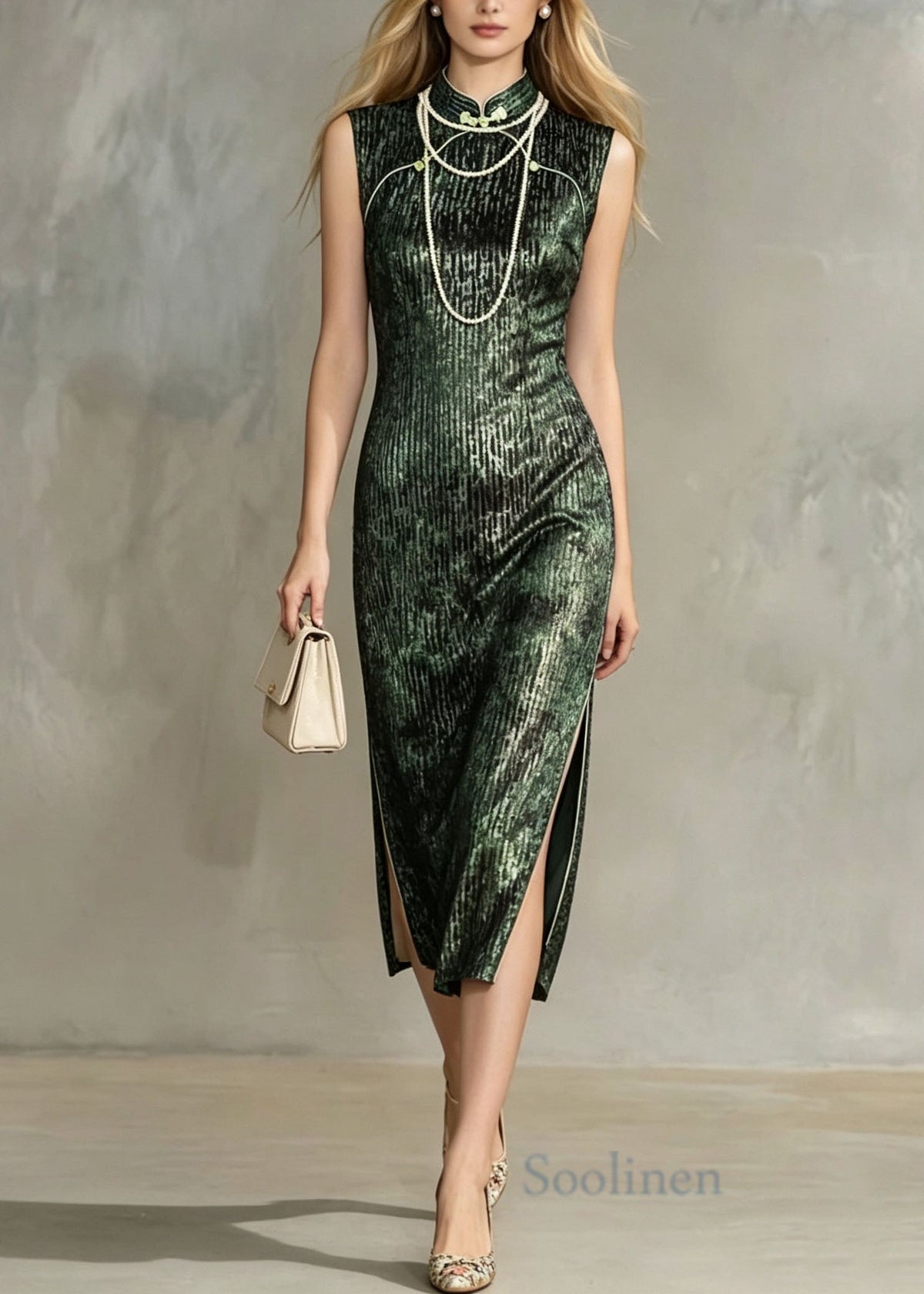 Vintage Green Stand Collar Side Open Silk Velvet Dress Summer