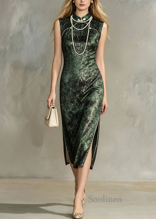Vintage Green Stand Collar Side Open Silk Velvet Dress Summer